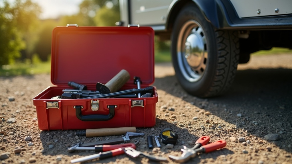 Open RV tool kit with tools spread on gravel, sunny background with RV tire