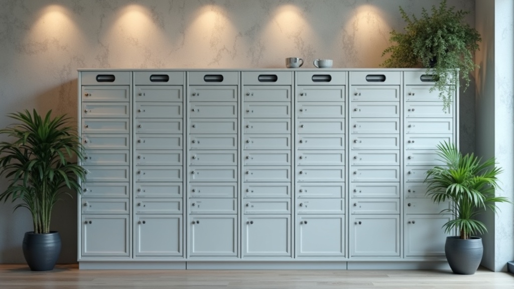Row of digital mailbox suites with organized mail and clean modern surroundings