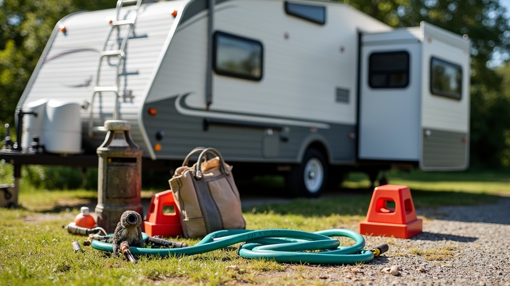 RV accessories and gear like hoses and leveling blocks spread beside a parked RV