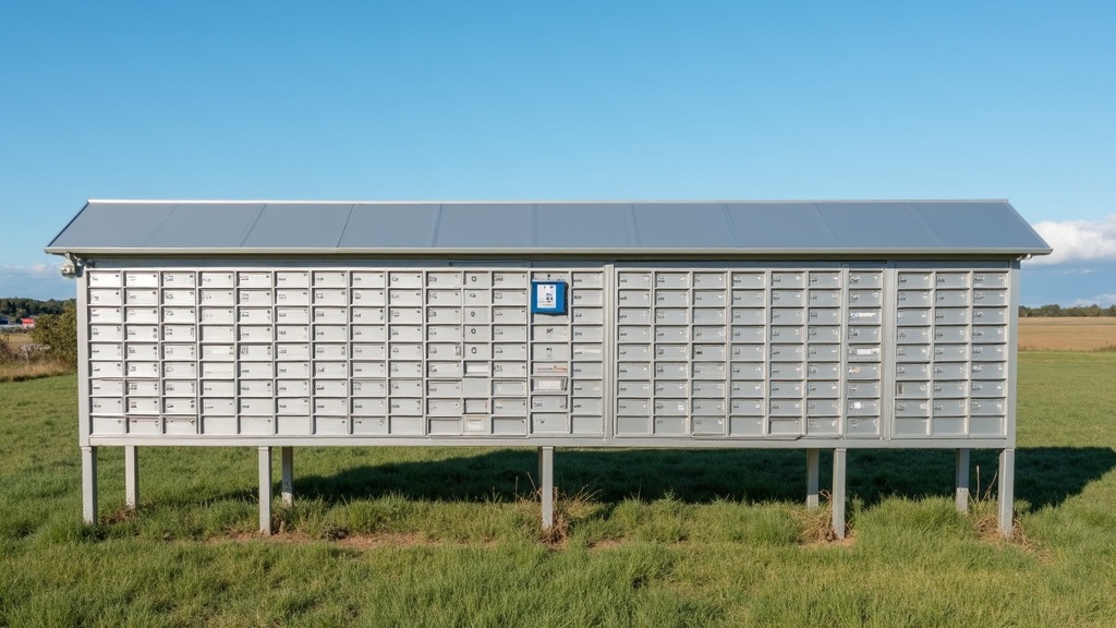 RV mail forwarding service mailbox building with green trees