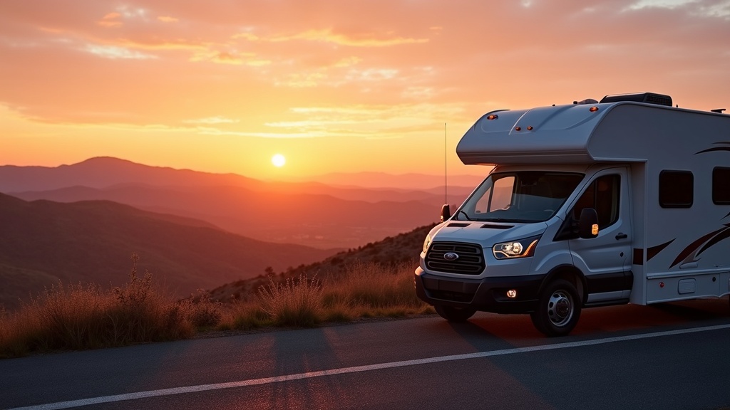 RV parked at a scenic overlook with open road