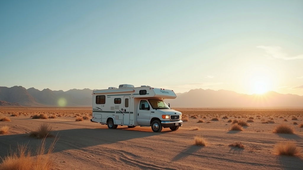 RV parked in a quiet desert landscape, mountains in the distance and clear sky