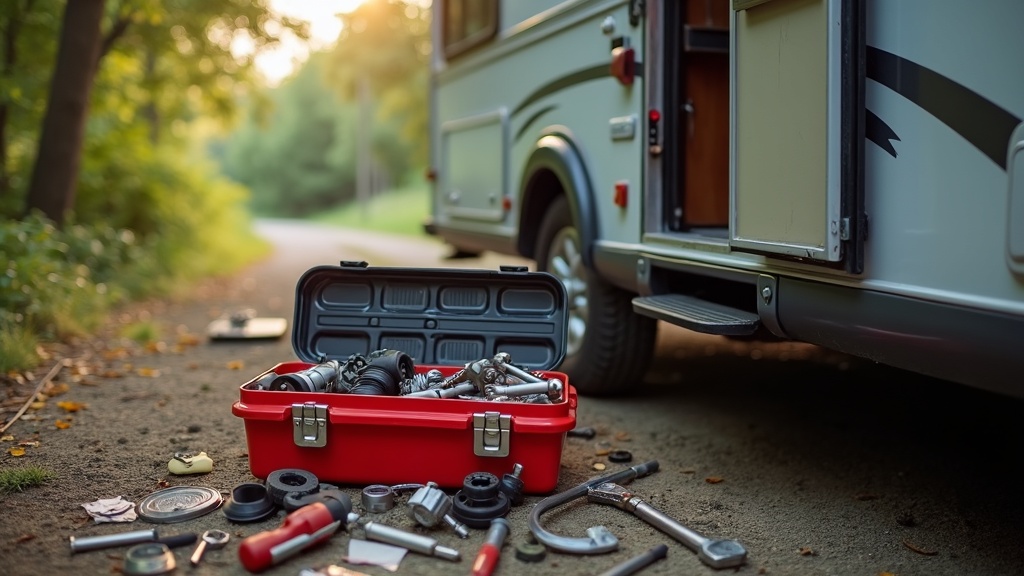 RV with tools and supplies laid out for maintenance