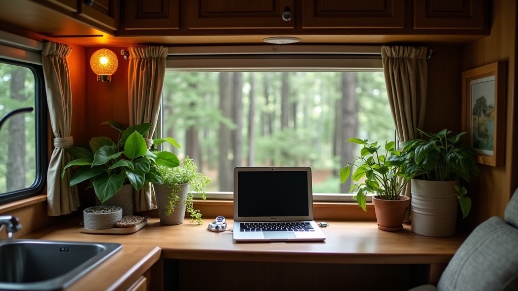 RVer working with a laptop in their RV’s cozy workspace