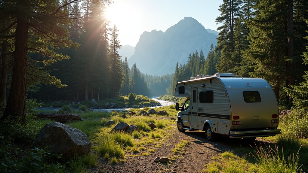 Scenic RV campsite near a river and forest, sunrise lighting up the landscape