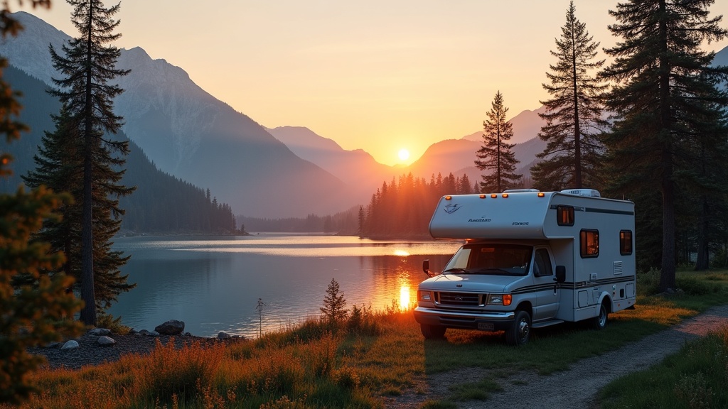 Scenic RV parked near a sunrise lake with forest