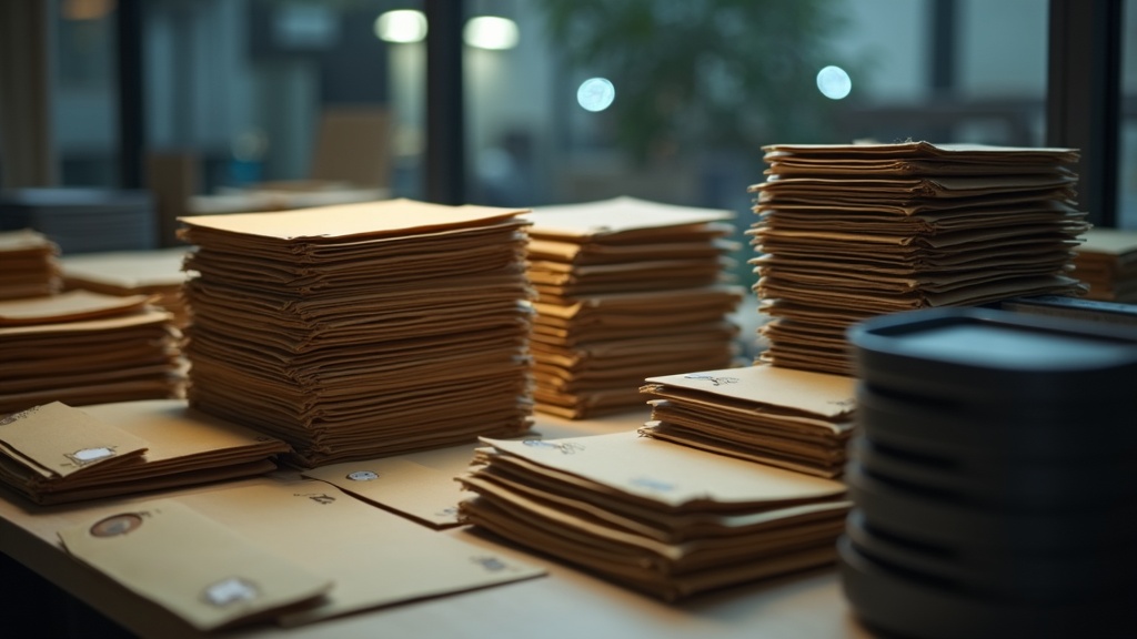 Stacks of envelopes and parcels at a forwarding center with digital organization devices nearby