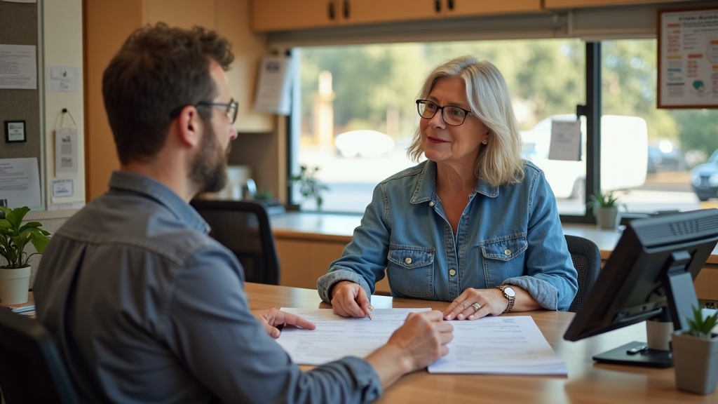Full-time RVers speaking with a clerk at a registration office, handing over forms