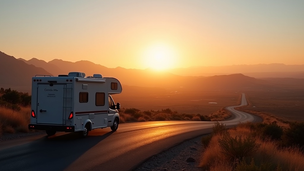 RV parked at a scenic overlook with sunrise and open road