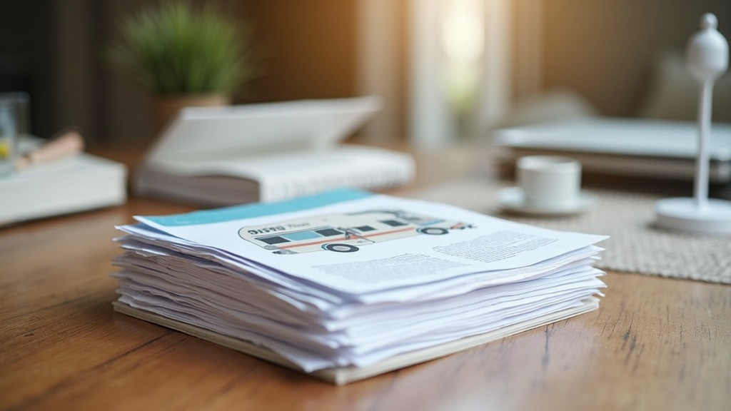 Stack of RV-related documents neatly arranged on a wooden table