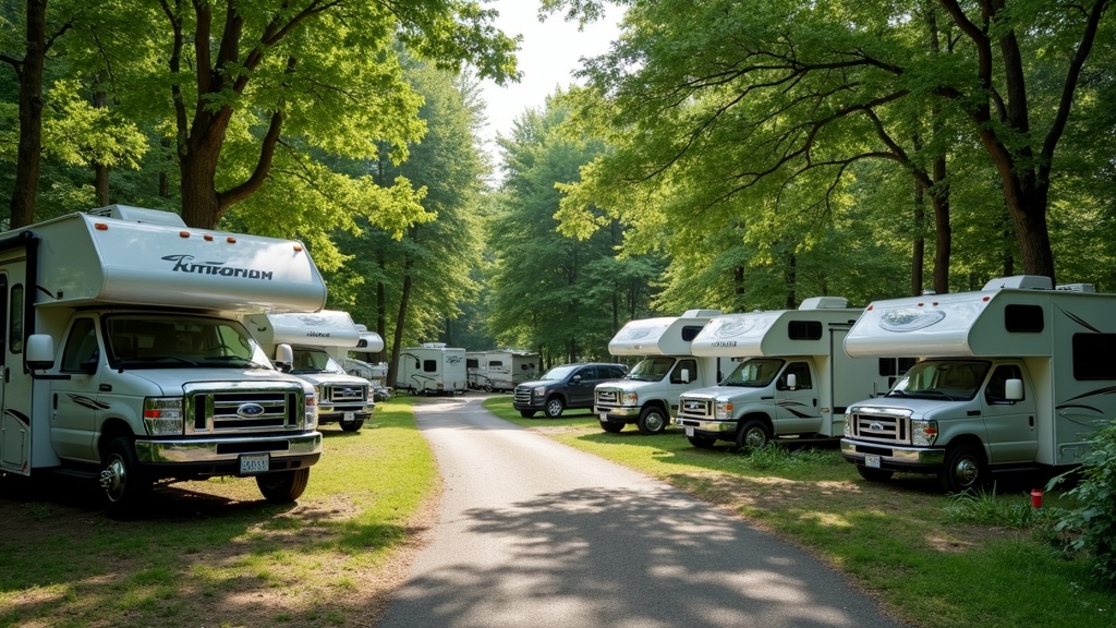 A campground with various RVs parked among trees, representing a mobile lifestyle.