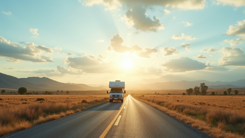 An RV at sunset in a wide-open desert, highlighting the spirit of RV living.