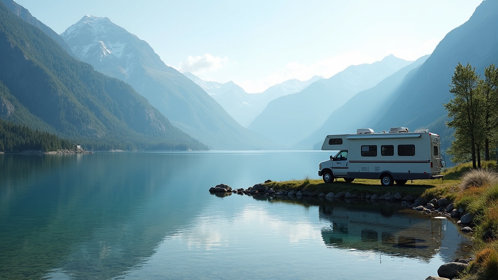 An RV parked at a scenic lake with mountains, symbolizing freedom to move.