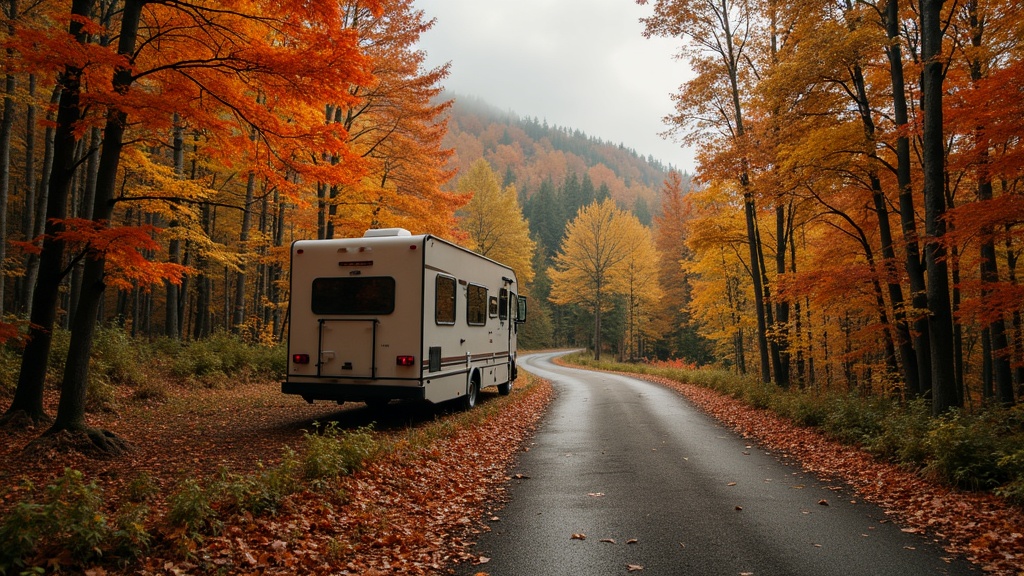 RV at forest edge during autumn with colorful trees
