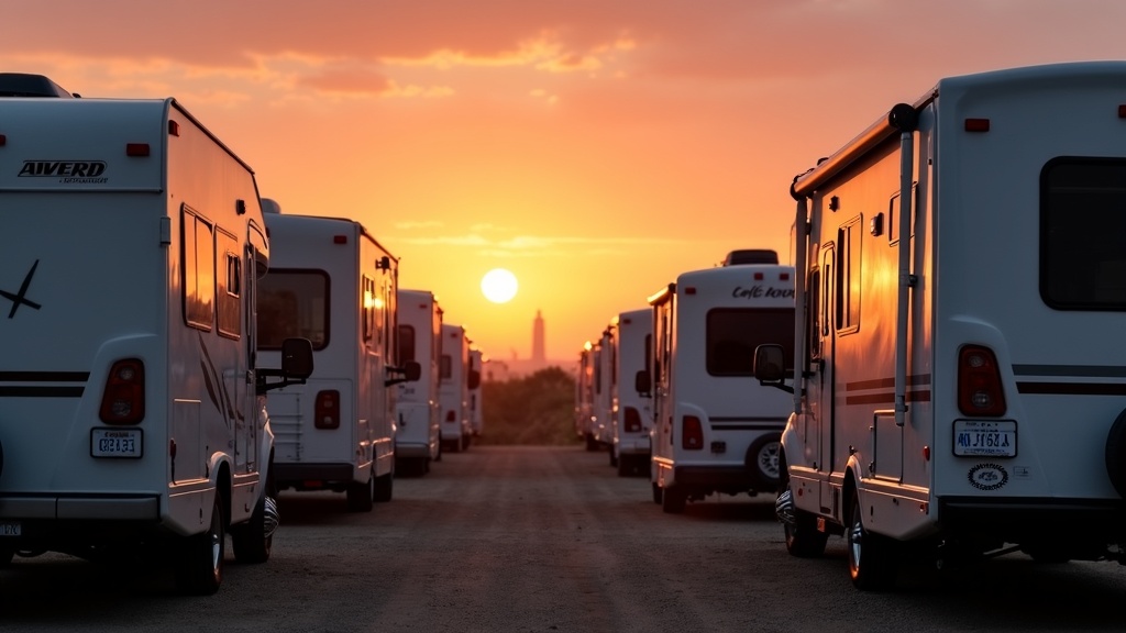 RV gathering at sunrise with mailboxes and license plates