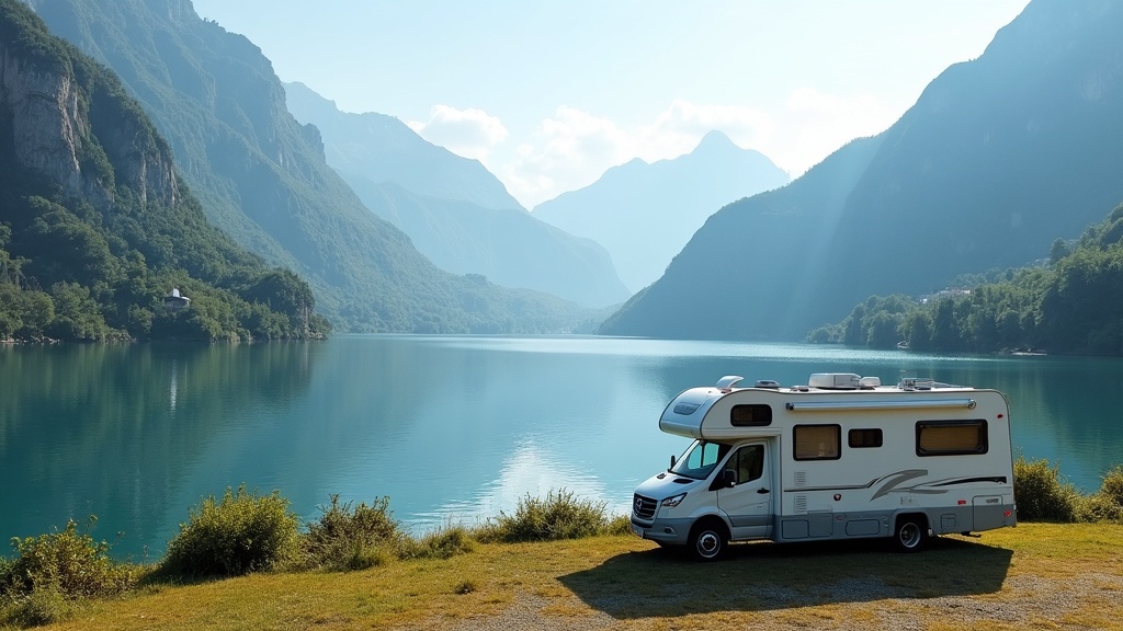 RV parked at a scenic lakeside with mountains in the background