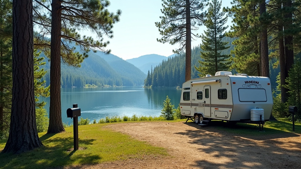 RV parked near a forest and mountain lake
