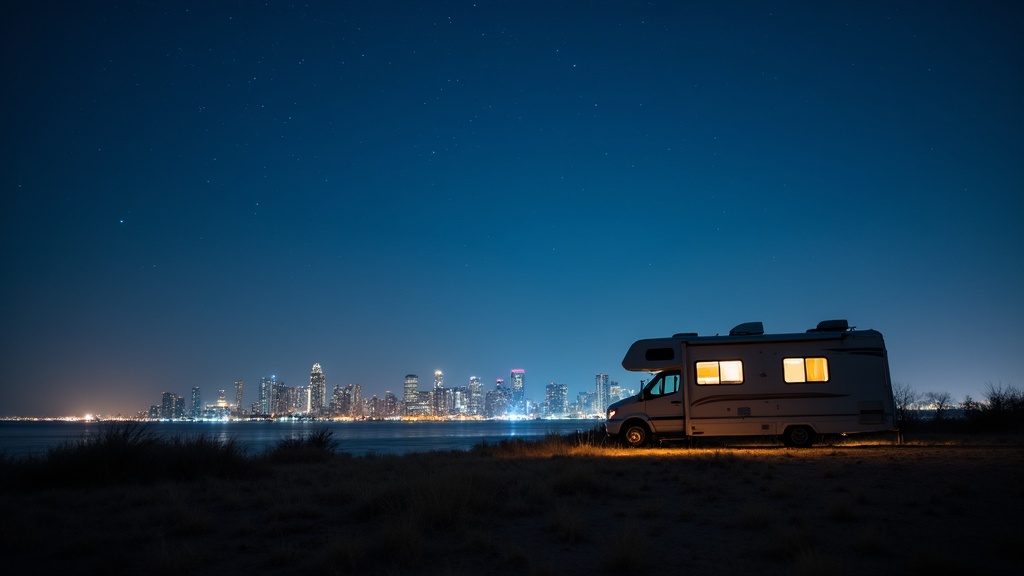 RV under starry sky with distant city lights