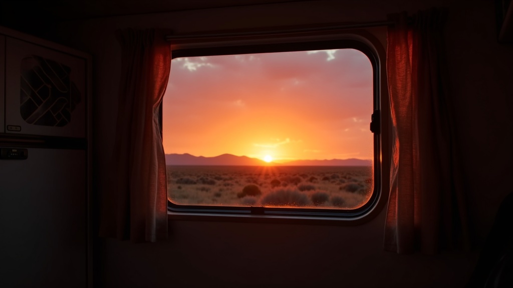 Sunset view from inside an RV looking out at the horizon