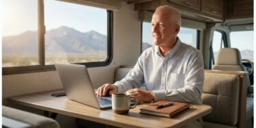 Full-time RV laptop workspace with a scenic mountain view, showing how RVers run a small online business while traveling and living on the road